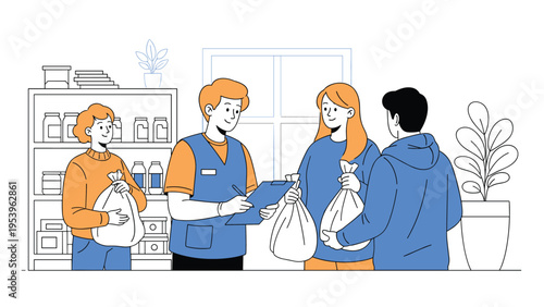 Volunteers at a food bank distribution center providing bags of essential groceries to people in need for charity.