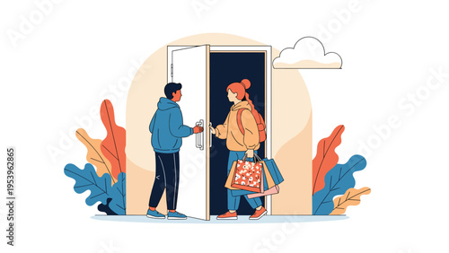 Couple arriving home through an open door carrying many shopping bags and feeling happy after a day at the mall.