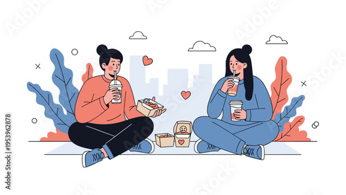 Two women sitting on the ground for a picnic and sharing food and drinks in a friendly city park setting with hearts.