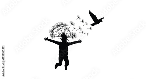 A person with dandelion seeds floating around arms outstretched silhouette