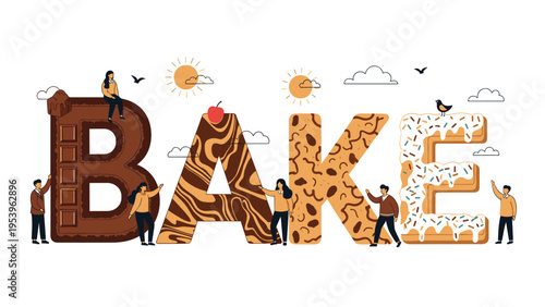 Group of tiny people interacting with giant letters that spell the word BAKE made of different delicious sweets.