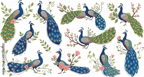 Decorative Peacock Illustration Set with Floral Elements and Ornamental Feathers, Elegant Exotic Bird Collection for Luxury Design