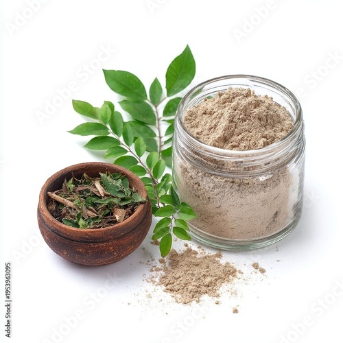 An assortment of organic herbs and spices, showcasing their natural beauty and earthy tones. The image contains a small wooden bowl and a glass jar, filled with dry ingredients and fresh.