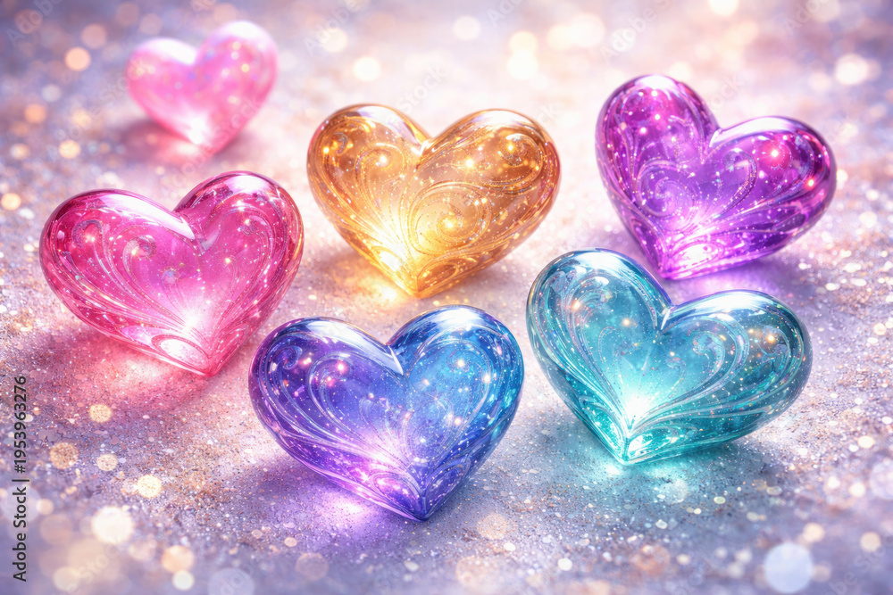 Obraz premium Colorful glowing glass hearts on a sparkling background with soft bokeh light 