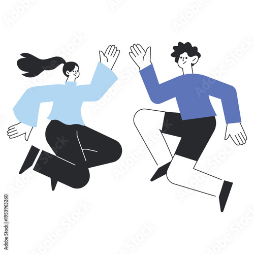Man and woman jumping in air with high five celebration flat vector.