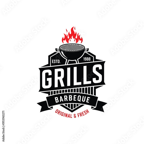 Retro Barbecue Grill Logo Design with Flames and Vintage Text for Food Service