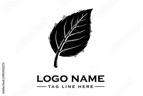 Black leaf logo with white veins and sample text on a clean white background, featuring a simple botanical design.