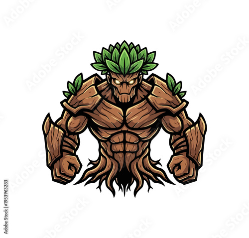 Cartoonish tree creature illustration with leaves and rugged texture