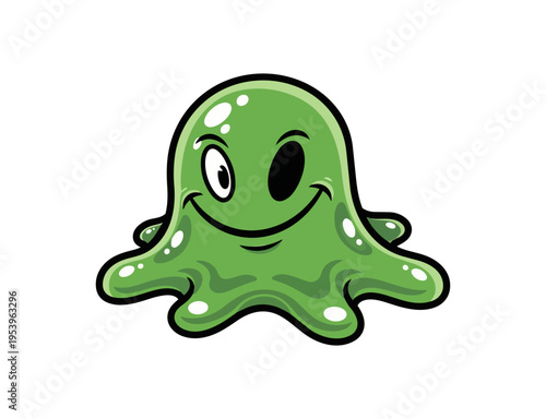 Green cartoon character smiling and winking on black background