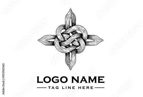 Monochrome illustration of a Celtic knotwork logo with a floral wreath design and sample text on a white background.
