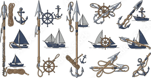Nautical Elements Collection with Anchors, Sailboats, Ropes, and Ship Wheels, Maritime Symbols Set for Marine, Travel, and Coastal Vector Illustration