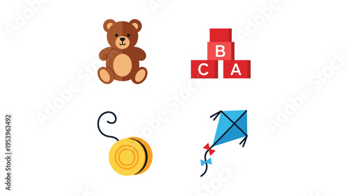 A collection of four simple and colorful children's icons representing toys and learning tools