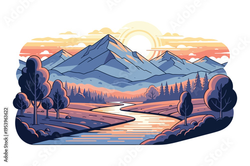 Pixel art mountain river valley at sunrise with digital art
