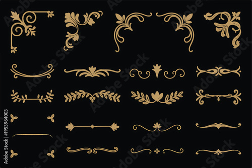 A collection of ornate gold filigree designs on a black background showcases various decorative elements