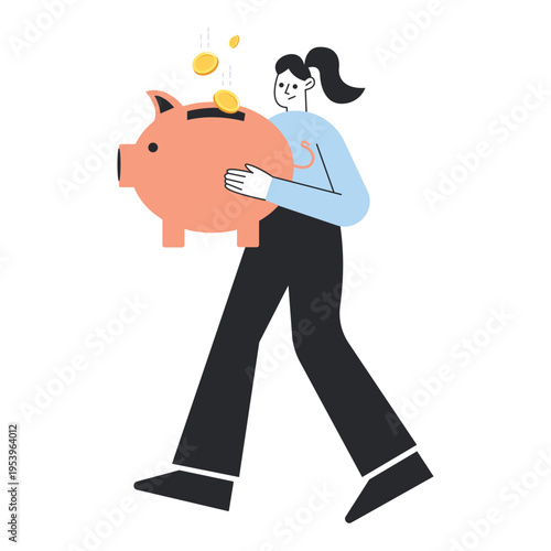 Woman walking while carrying a large piggy bank with falling gold coins.