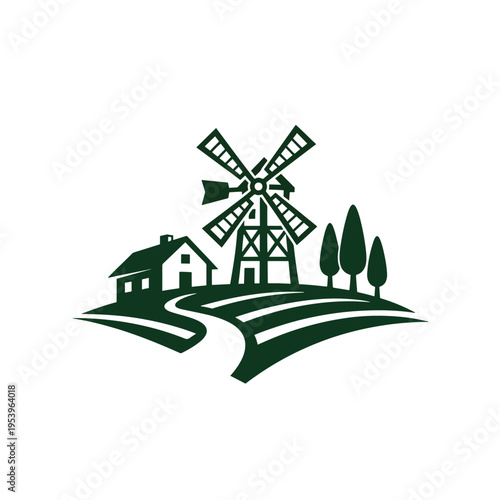 Rural Countryside Farming Landscape Illustration with House, Windmill, and Fields
