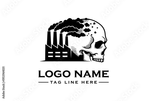Black and white logo design featuring a skull with industrial factory and smoke on a clean white background.