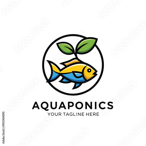 Aquaponics system concept with fish and plant leaves in a circular graphic logo illustration