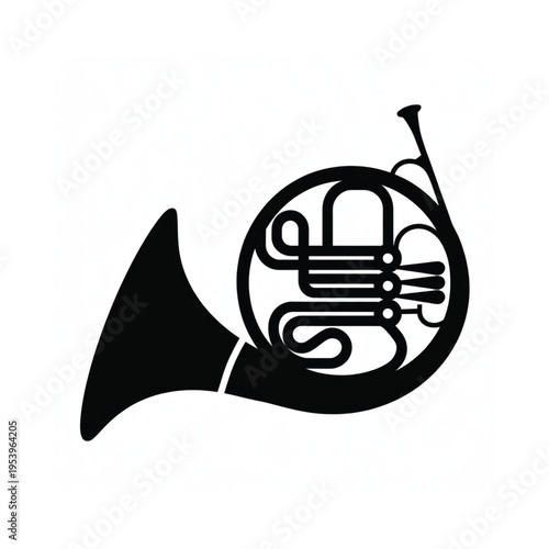 Simple black and white illustration of a french horn musical instrument