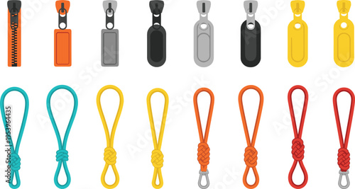 Collection of colorful zipper pullers and cord string toggles for sportswear gear, apparel hardware elements, cad drawing flat vector illustration.