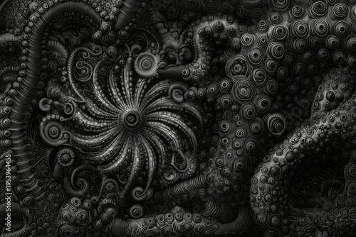 abstract black and white tentacles pattern, swirling arms, dark fantasy, octopus art, illustrated