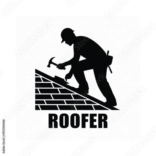 Silhouette of a roofer working on a tiled roof with text below