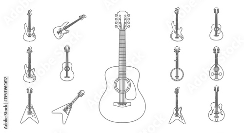 Acoustic Guitar Musical Instrument Line Drawings.