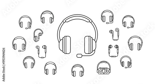 Headphones and various earpieces collection.