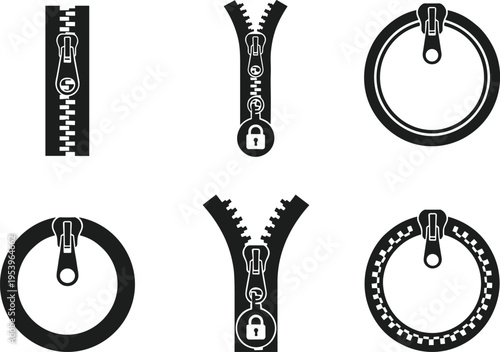Collection of circular and straight zipper silhouettes with lock icons, creative apparel fastener elements, cad drawing flat vector illustration.