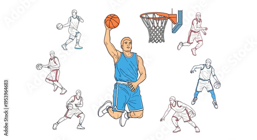 Man in blue basketball uniform jumping.