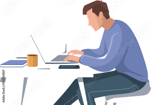 Man intently focused while working on a laptop computer at his desk.