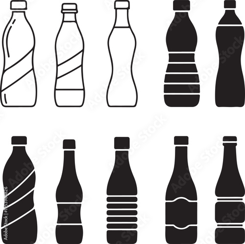 Variety of soda bottle shapes and designs in black and white