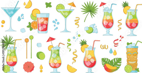 Tropical cocktails collection with citrus pineapple lime colorful drinks and summer party beverages flat vector illustration set