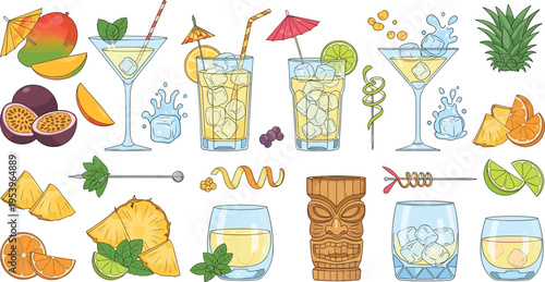 Tropical cocktails and drinks collection with pineapple citrus passion fruit tiki glass and summer beverages flat vector illustration