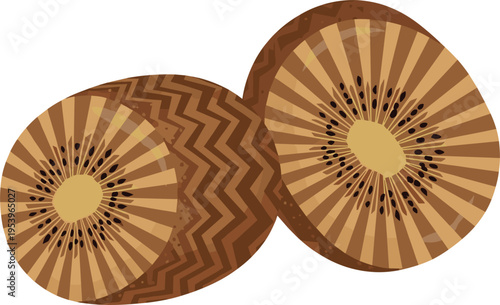 Vector illustration of sliced kiwi fruit featuring abstract geometric patterns and sunburst textures isolated on white background for organic food and healthy lifestyle design