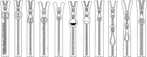 Technical apparel zipper set with various pullers and sliders for fashion design cad drawing flat vector illustration collection of garment fasteners
