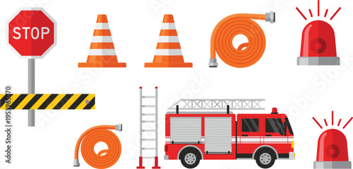 Vector illustration set of fire truck emergency equipment including fire hose traffic cones siren lights ladder and stop sign for safety and rescue services