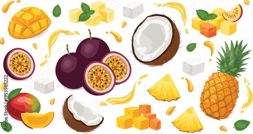 Tropical fruits collection with mango pineapple coconut passion fruit cubes slices and juice splashes flat vector illustration set