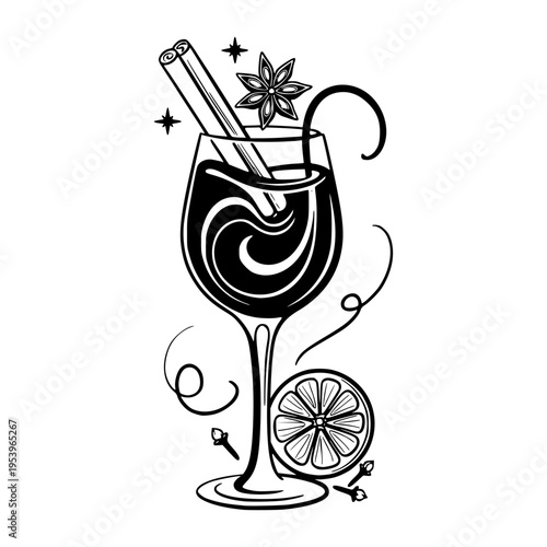 Glass of mulled wine with spices in monochrome line style on white background, concept of warm seasonal beverage
