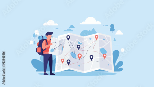 Traveler with Map Illustrating Journey and Destinations