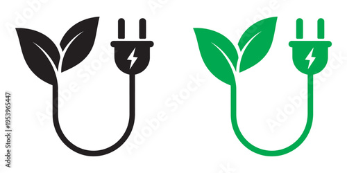 Eco plug with green leaf icon vector, renewable energy symbol, sustainable power, eco-friendly electricity concept, clean energy poster banner illustration, transparent background
