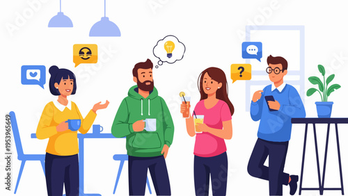 Vibrant illustration of diverse professionals collaborating, sharing ideas, and communicating effectively in a modern co-working space. Teamwork and discussion concept