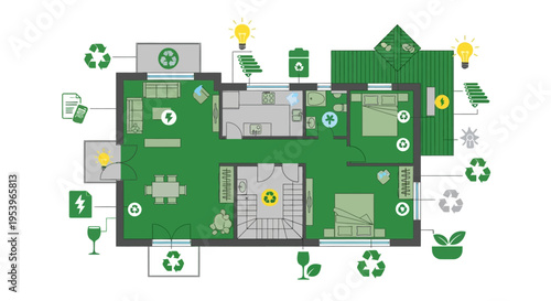 Sustainable Eco-Friendly House Floor Plan with Energy Efficiency and Recycling Icons