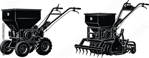 Agricultural walk-behind seed spreader and soil tiller machines isolated illustration, modern farming equipment for planting, cultivation, landscaping, and garden preparation on clean background