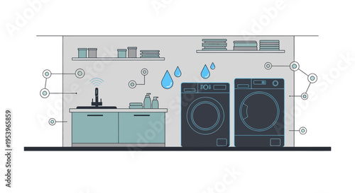 Smart Home Water Leak Detection System Illustration for Laundry Room with IoT Sensors and Connected Appliances