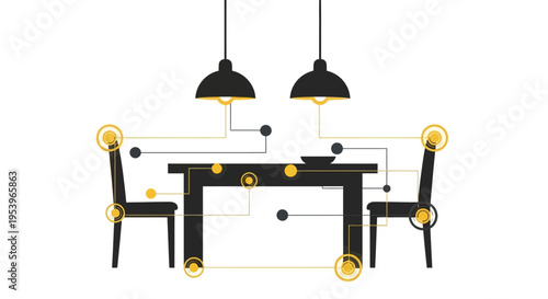 Smart Furniture Concept Illustration: Minimalist Dining Table and Chairs with Connected IoT Network and Technology Interface Schematics
