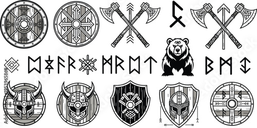 Viking runes, shields and axes with Norse symbols, warrior emblems and Scandinavian mythology elements, detailed black vector illustration set