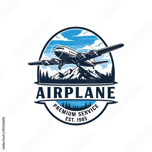Vintage Propeller Airplane Flying Over Majestic Mountains Vector Illustration – Emblematic Design for Travel and Adventure