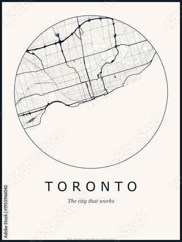Toronto city map poster design. Street map art of Toronto Canada. Black and white minimalist road network with downtown district for wall art home decor printable urban cartography. monochrome