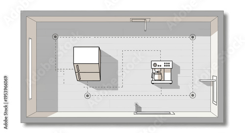Top View Kitchen Floor Plan Schematic showing Appliance Layout and Workflow Paths with Refrigerator and Coffee Machine for Interior Design Planning